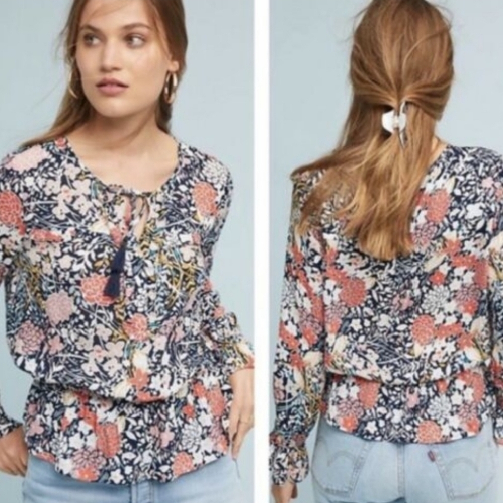 Anthropologie Maeve Vibrant Floral Tassel Tie Blouse